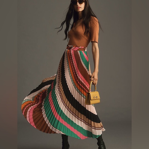 ANTHROPOLOGIE Maeve The Isobel Silky Pleated Skirt Bright Striped Size 6 NWT - Picture 12 of 12